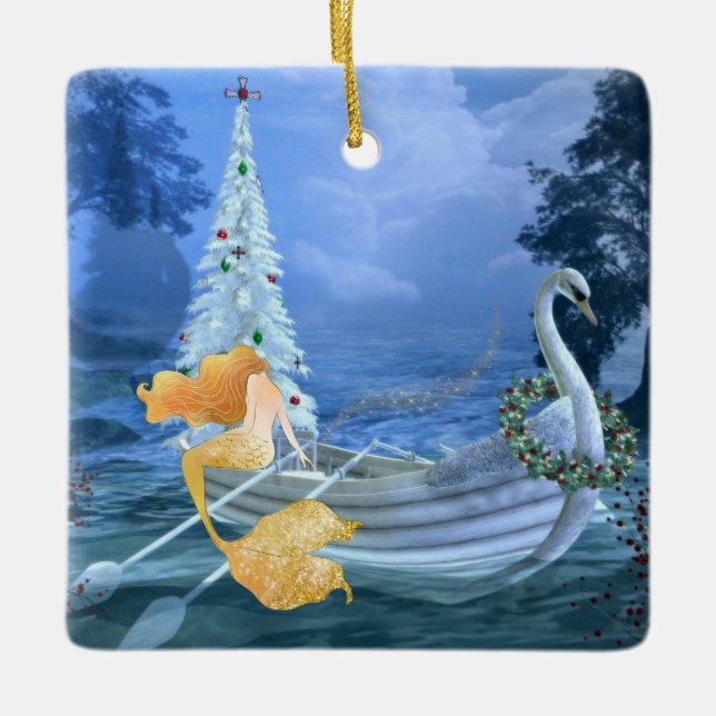 Personalized Mermaid, Swan Boat and Christmas Tree Ceramic Ornament (Front)