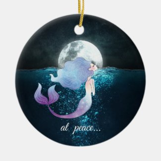 Personalized Mermaid Swimming, At Peace, Full Moon Ceramic Ornament