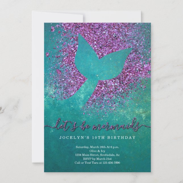 Personalized Mermaid Themed Birthday Party Invitation (Front)