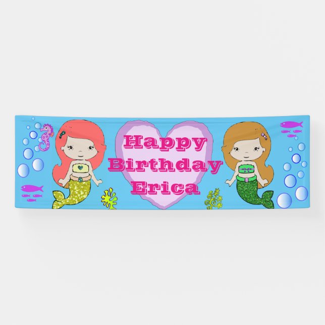 Personalized Mermaid Themed Happy Birthday Banner (Horizontal)