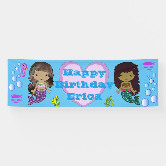 Personalized Mermaid Themed Happy Birthday Banner (Horizontal)