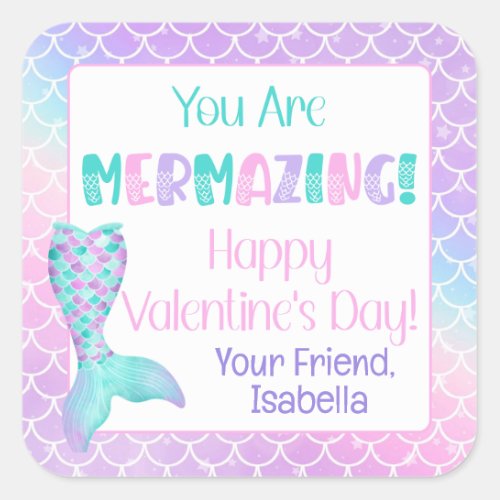 Personalized Mermaid Valentines Day Square Sticker