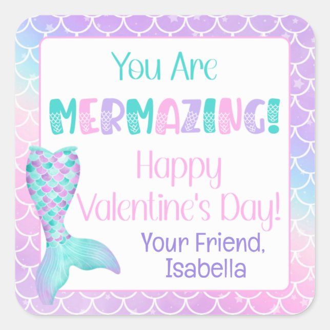 Personalized Mermaid Valentine's Day Square Sticker (Front)