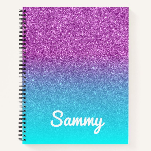 Personalized Mermaid Violet and Aqua Glitter Ombre Notebook (Front)