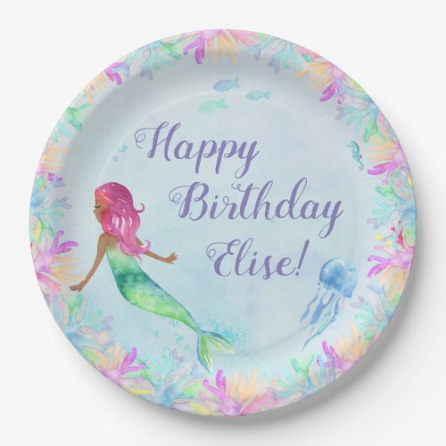 Personalized Mermaid Watercolor Birthday Party Paper Plates
