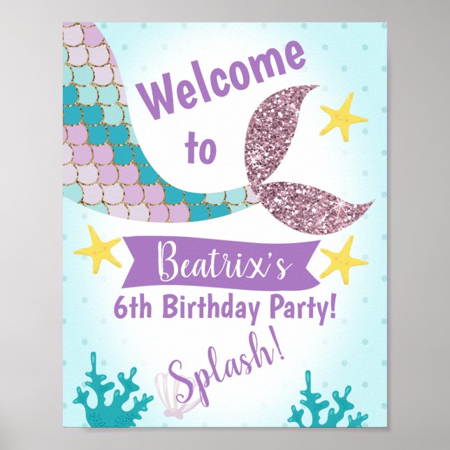 Personalized Mermaid Welcome Birthday Party Poster (Front)