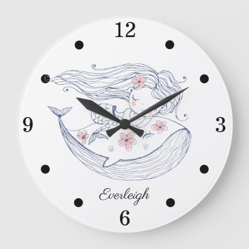 Personalized Mermaid Whale Girls Nursery  Large Clock