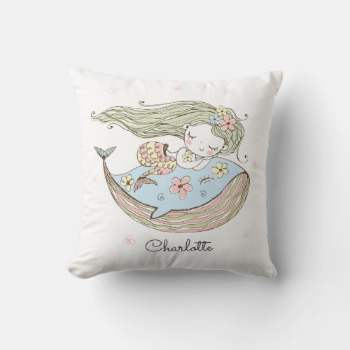 Personalized Mermaid Whale Name Throw Pillow