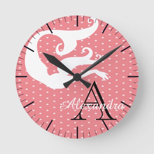 Personalized Mermaid White Coral salmon  monogram  Round Clock