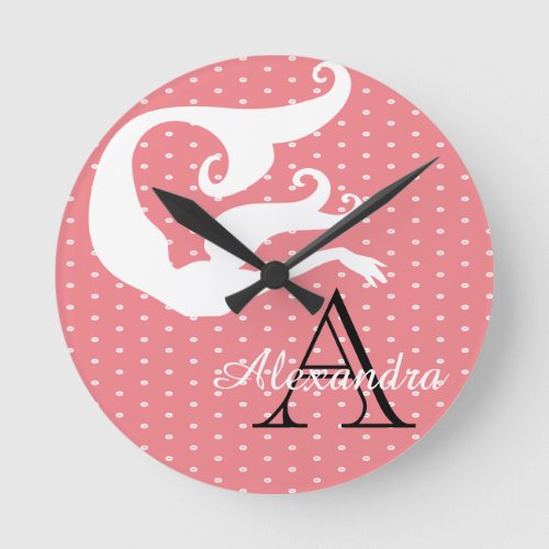 Personalized Mermaid White Coral salmon  monogram Round Clock