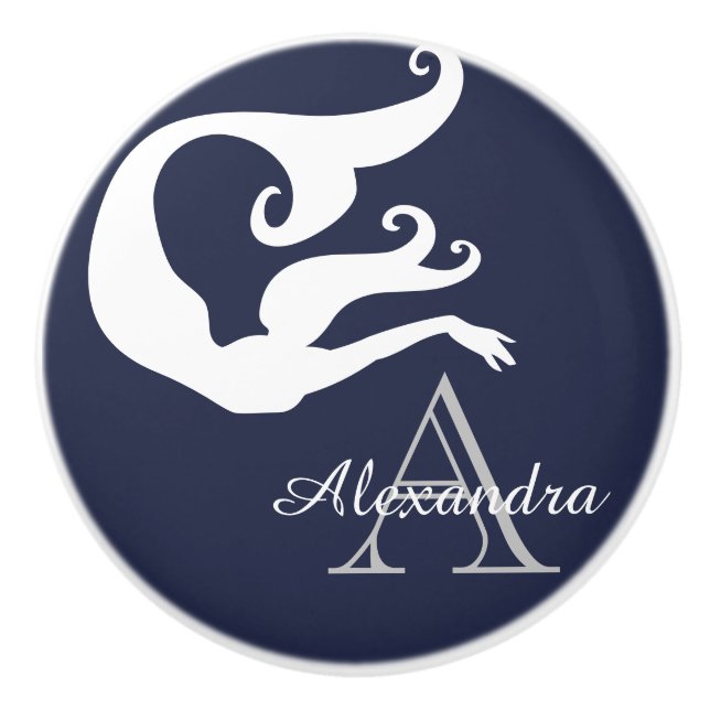 Personalized Mermaid White Navy blue monogrammed  Ceramic Knob (Front)
