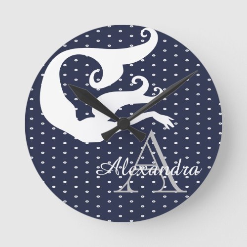 Personalized Mermaid White Navy blue monogrammed  Round Clock