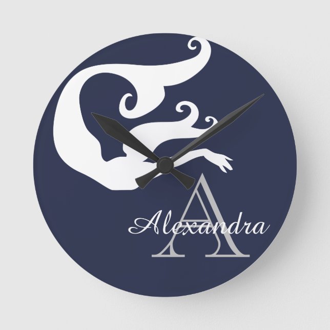 Personalized Mermaid White Navy blue monogrammed   Round Clock (Front)