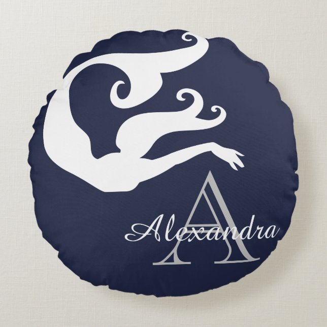 Personalized Mermaid White Navy blue monogrammed   Round Pillow (Front)