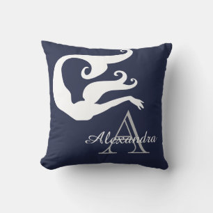 Personalized Mermaid White Navy blue monogrammed Throw Pillow
