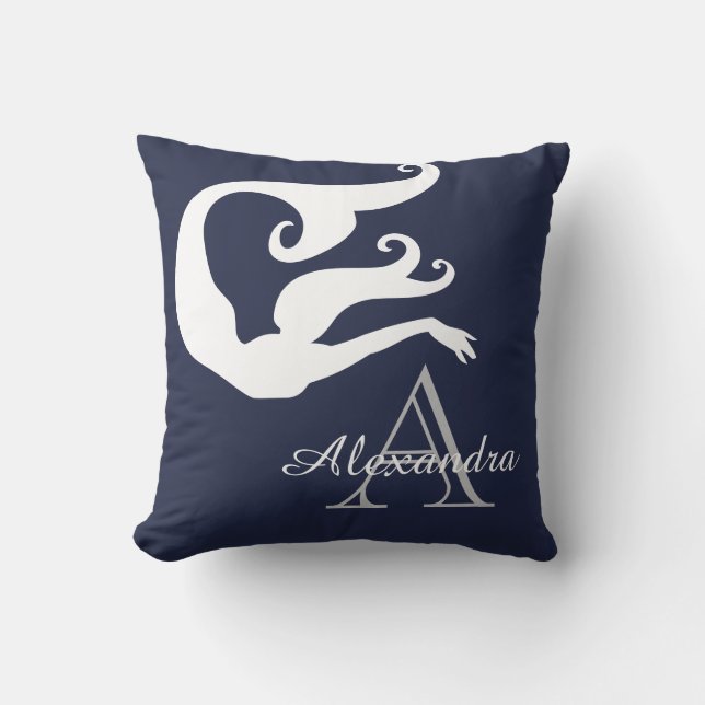 Personalized Mermaid White Navy blue monogrammed Throw Pillow (Front)