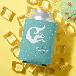 Personalized Mermaid White Teal blue monogrammed  Can Cooler