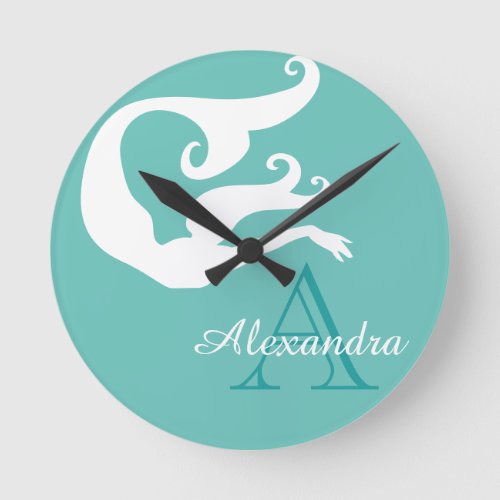 Personalized Mermaid White Teal blue monogrammed R Round Clock