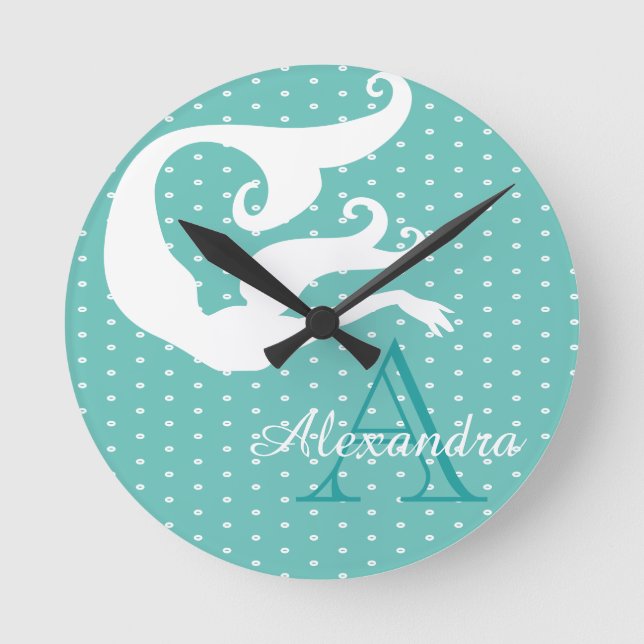 Personalized Mermaid White Teal blue monogrammed Round Clock (Front)