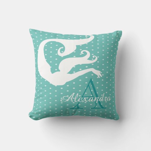 Personalized Mermaid White Teal blue monogrammed T Throw Pillow