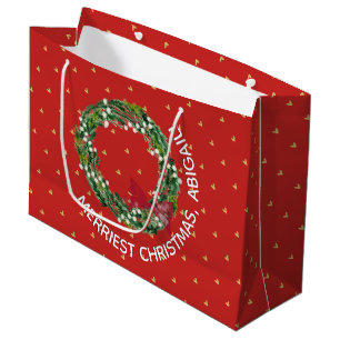 Personalized Merriest Christmas Wreath Gold Hearts Large Gift Bag