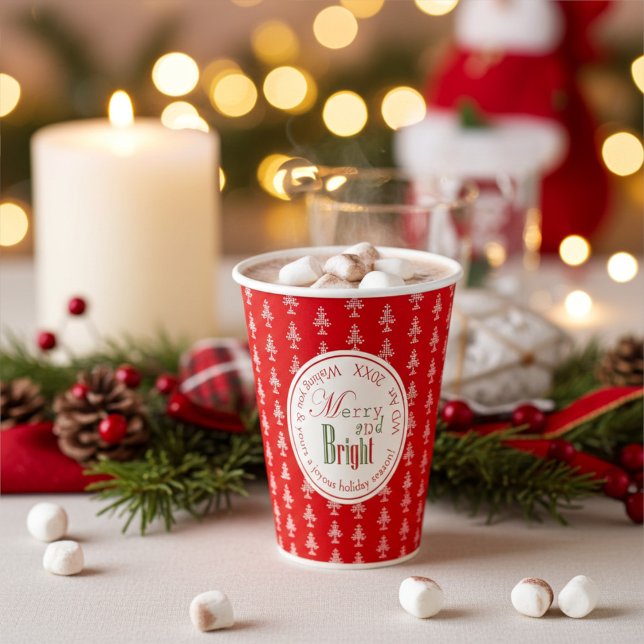 Personalized Merry and Bright and Xmas Tree, Red Paper Cups (Creator Uploaded)