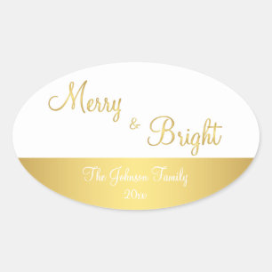 Personalized Merry And Bright Oval Gold Stickers