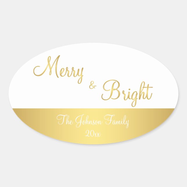 Personalized Merry And Bright Oval Gold Stickers (Front)