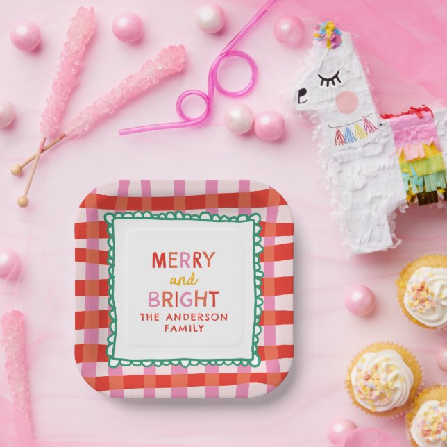 Personalized Merry and Bright Red Checkered Paper Plates (Party)