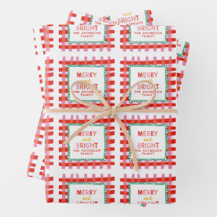 Personalized Merry and Bright Red Checkered  Wrapping Paper Sheets