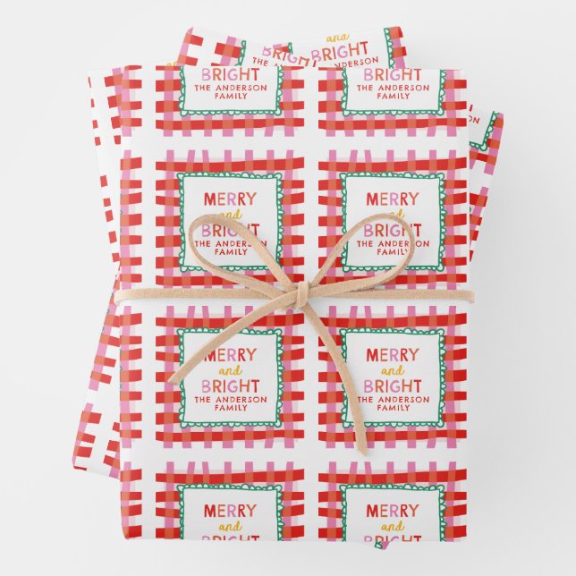 Personalized Merry and Bright Red Checkered  Wrapping Paper Sheets (In situ)