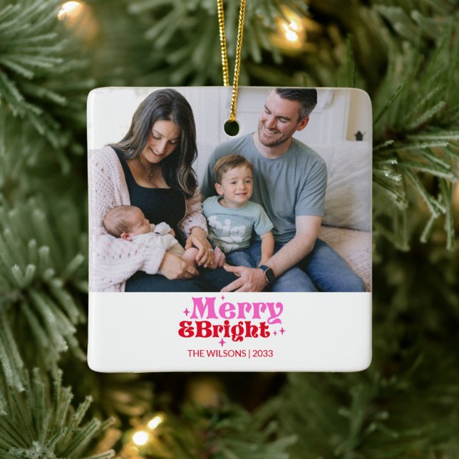Personalized Merry & Bright Pink & Red Christmas Ceramic Ornament (Tree)