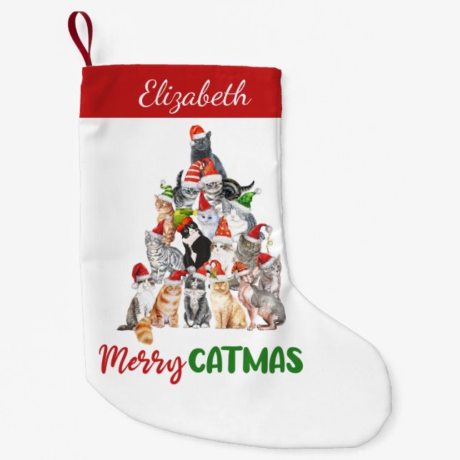 Personalized Merry Catmus Funny Cat Christmas  Small Christmas Stocking (Front)
