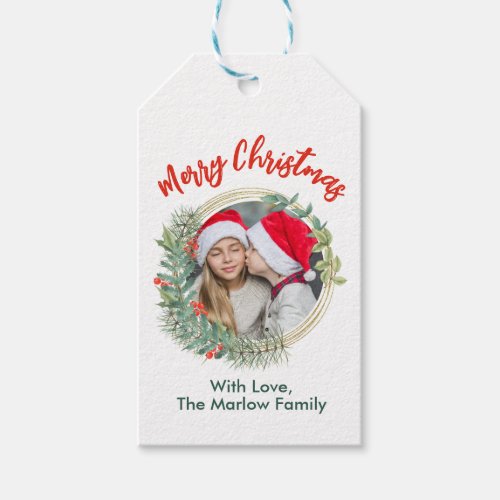 Personalized Merry Christmas Add your photo Wreath Gift Tags