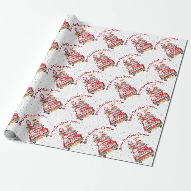 Personalized Merry Christmas Animals Red Truck Wrapping Paper (Unrolled)