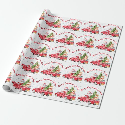 Personalized Merry Christmas Animals Red Truck Wrapping Paper