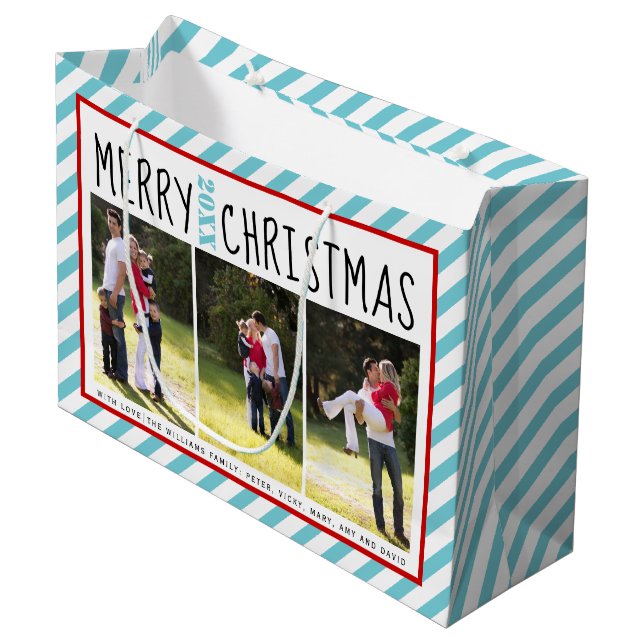 Personalized Merry Christmas aqua stripes photo Large Gift Bag (Front Angled)