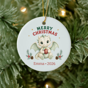 Personalized Merry Christmas Baby Dragon  Ceramic Ornament