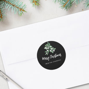 Personalized Merry Christmas Berries Leaves Black Classic Round Sticker