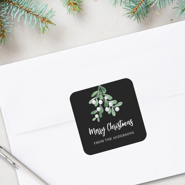 Personalized Merry Christmas Berries Leaves Black Square Sticker (Creator Uploaded)