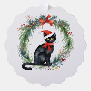 Personalized Merry Christmas Black Cat and Wreath  Ornament Card