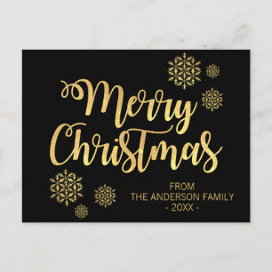 Personalized Merry Christmas Black Gold Glitter Holiday Postcard