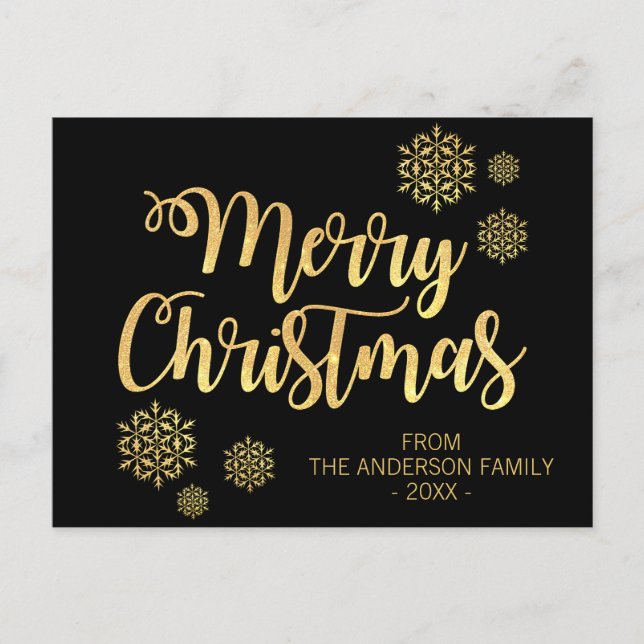 Personalized Merry Christmas Black Gold Glitter Holiday Postcard (Front)