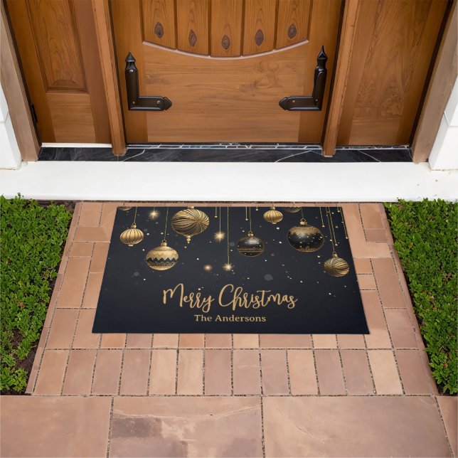 Personalized Merry Christmas Black Gold Ornaments Doormat (Outdoor)