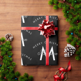 Personalized Merry Christmas Black Monogram Wrapping Paper