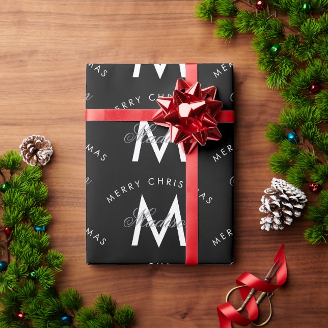 Personalized Merry Christmas Black Monogram Wrapping Paper (Holiday Gift)