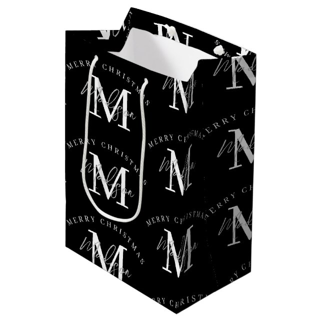 Personalized Merry Christmas Black White Monogram Medium Gift Bag (Front Angled)