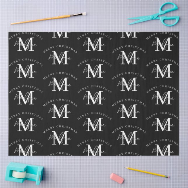 Personalized Merry Christmas Black White Monogram  Tissue Paper (Craft)