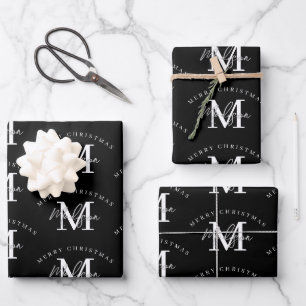 Personalized Merry Christmas Black White Monogram  Wrapping Paper Sheets