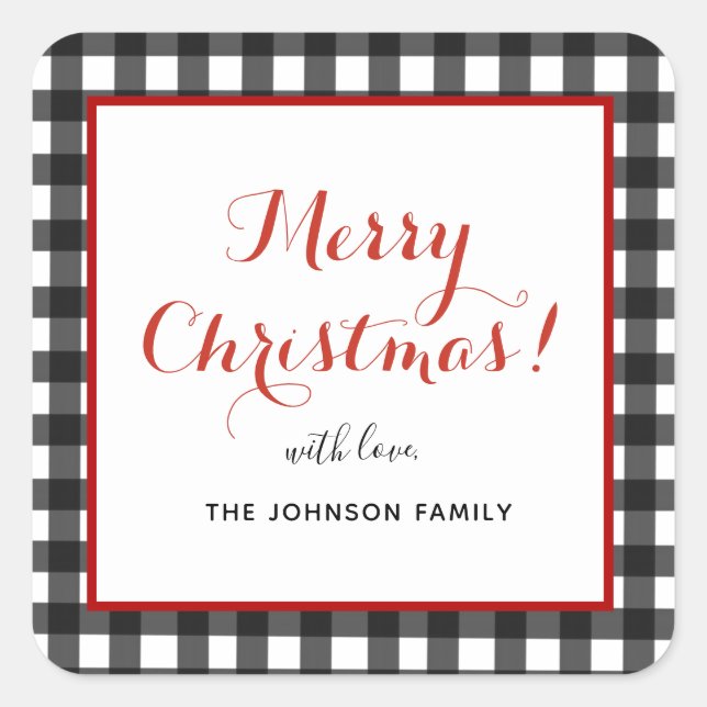 Personalized Merry Christmas Black & white plaid  Square Sticker (Front)